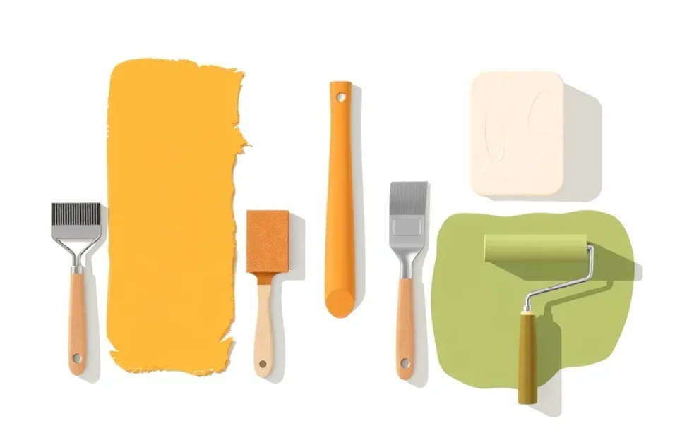 Outils de peinture disposés dans l'ordre des étapes du chantier