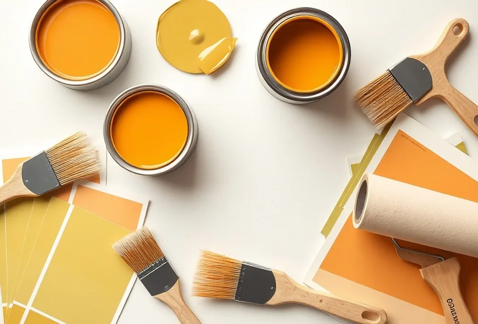Pots de peinture, nuancier, brosses et rouleaux disposés à plat