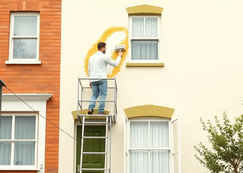 Peintre sur échafaudage traitant la façade d'une maison