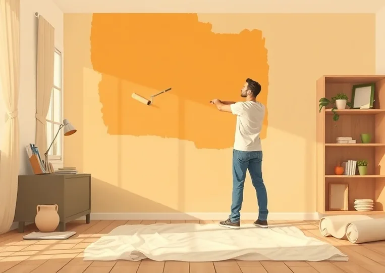 Peintre appliquant la peinture au rouleau sur un mur de salon